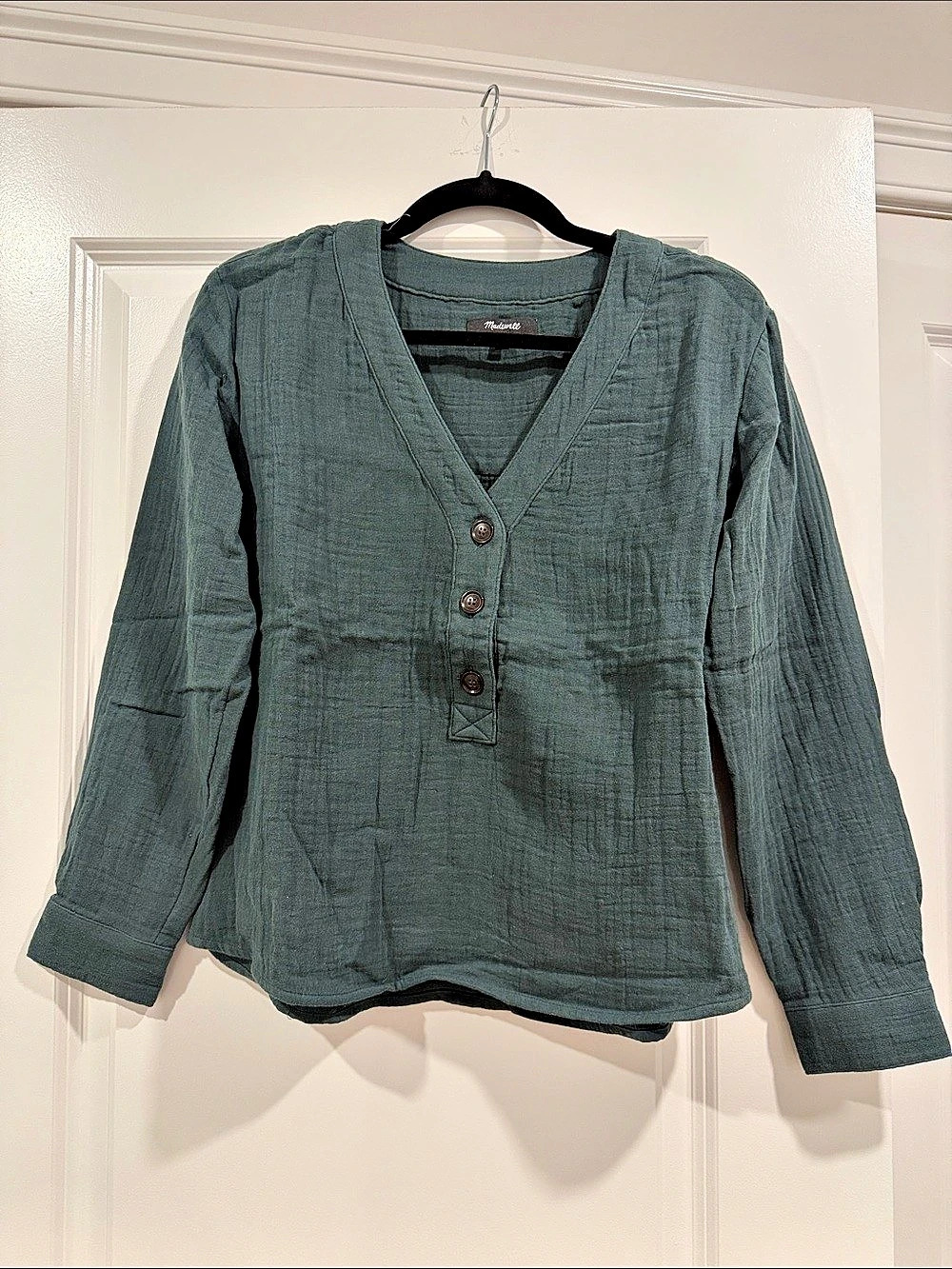 Madewell Gauze Button-Front Raglan Top Green XS